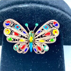Vintage Enamel Butterfly Brooch Colorful Filigree 2 Inch Unmarked